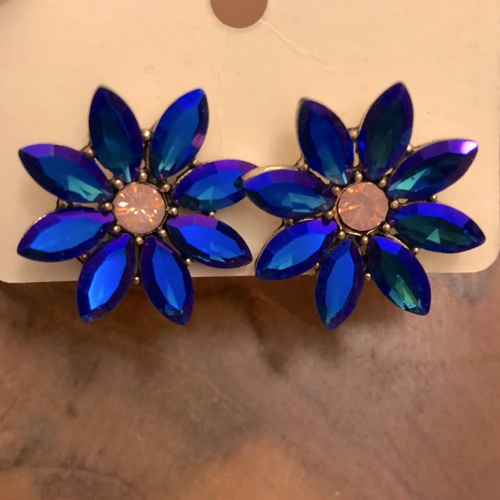 Violet Blue Aurora Borealis + Pink Opal Gold Crystal Flower Statement Earrings